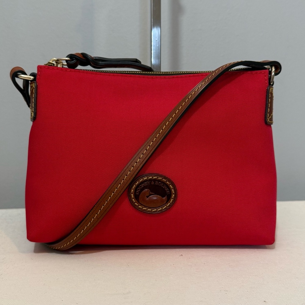 Dooney & Bourke Pouchette Crossbody Bag Red Nylon Brown Leather Trim